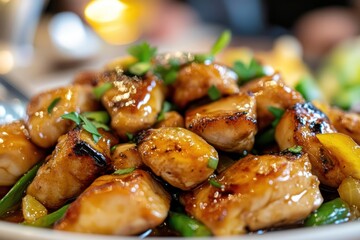  Honey Garlic Chicken Stir-Fry with green onion and vegetables under hot honey. a dish served in retaurant