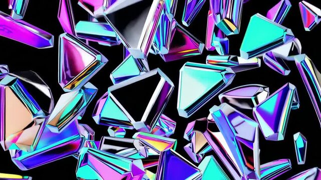 Prismatic trapezoid shards and bubble-cascade drift with chroma streamers in a downward mosaic pattern

