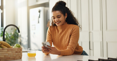 Home, smile and woman in kitchen, smartphone and typing with social media, connection and texting....