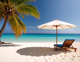 Generated image ビーチ トロピカル 南国 海 砂浜 パラソル デッキチェア 青い空 楽園 夏 旅行 バケーション リゾート リラクゼーション セーシェル 熱帯 日差し 椰子の木 青い海 白砂 リフレッシュ 風景 絶景 休日 サマー サンシャイン パームツリー ハネムーン 癒し のんびり 太陽 ヘブンリー クリアウォーター コバルトブルー 自然 休暇 ビーチリゾート 屋外 晴天 青空