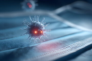 A conceptual digital illustration of a tiny, menacing virus character floating in the foreground