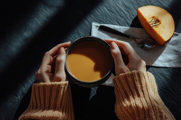 woman's hands wearing a light brown yellow sweater holding a ceramic bowl of pumpkin cream soup.