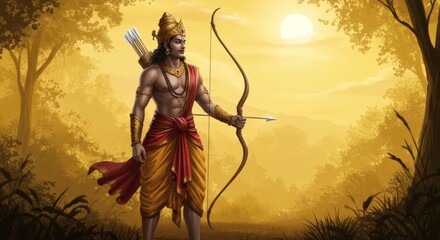 Heroic Warrior Prince with Longbow in Ancient Indian Attire – Standing in Lush Forest at Golden Hour, Flowing Fabric and Traditional Ornaments, Calm Expression, Cinematic Epic Fantasy Illustration