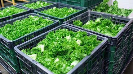 Fototapeta premium Plastic crates filled with green lettuce