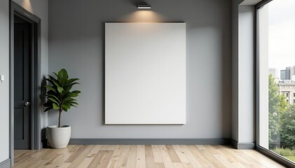 Stylish grey office entryway, wooden parquet, city vista, canvas mockups , skyline, image, background