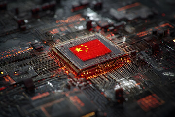 A digital concept art of a computer microchip with the Chinese flag