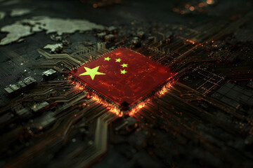A digital concept art of a computer microchip with the Chinese flag