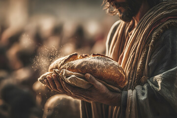 Jesus Christ gently spreading apart a loaf of rustic bread with both hands as a concept of feeding multitudes