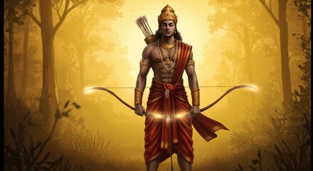 Heroic Warrior Prince with Longbow in Ancient Indian Attire – Standing in Lush Forest at Golden Hour, Flowing Fabric and Traditional Ornaments, Calm Expression, Cinematic Epic Fantasy Illustration