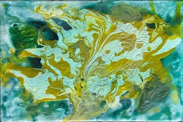 Abstract fluid art in teal and yellow with intricate patterns  