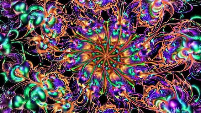 Fractal spiral petal polygons and fluorescent moss-star filaments woven in a polychrome abstract lattice

