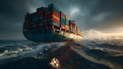 A massive cargo ship sailing across a calm ocean under a wide, slightly overcast sky