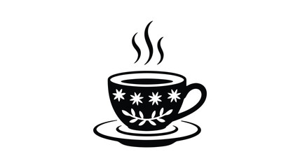 Black and white illustration of a decorated coffee cup with steam