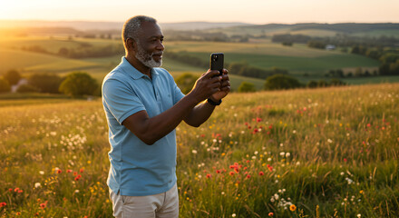 Senior man enjoying a peaceful moment outdoors in a lush green field during sunset while taking a selfie with his smartphone capturing the beautiful landscape and golden hour lighting