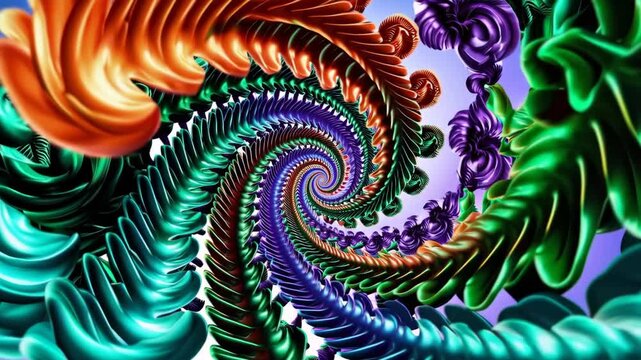 Radiant spiral petals and polychrome fern rosettes swirling in a spectral abstract web

