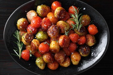 Roasted autumn vegetables glazed with maple syrup and sea salt, caramelized edges, fresh rosemary sprigs on Dark ceramic plate
