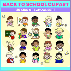 Cute kids at school clipart set 1. Includes half-body cartoon students reading, writing, learning, and raising hands. Perfect for back to school projects.