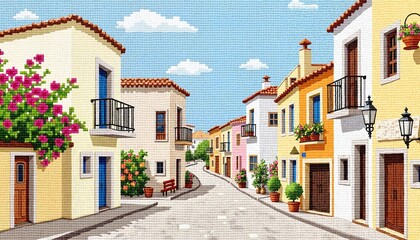 Fototapeta premium Colorful alley with houses and flowers in a sunny village setting Imitation embroidery