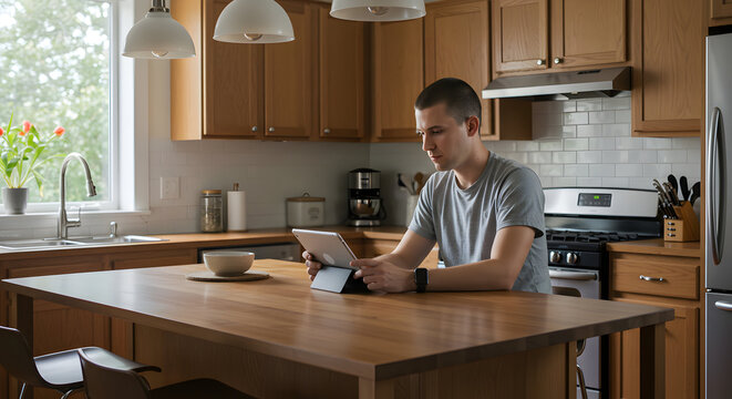 Young man using a tablet at a modern kitchen island with wooden cabinets and stainless steel appliances in a bright home setting for technology and lifestyle themes