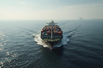 A massive cargo ship sailing across a calm ocean under a wide, slightly overcast sky