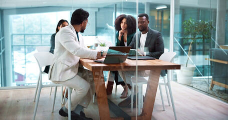 Discussion, laptop and business people in office for collaboration with finance budget planning....
