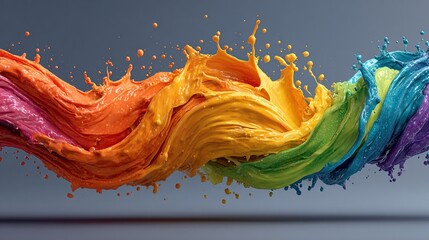 Abstract vibrant paint splashes in a flowing, wavy pattern of rainbow colours against a neutral grey background