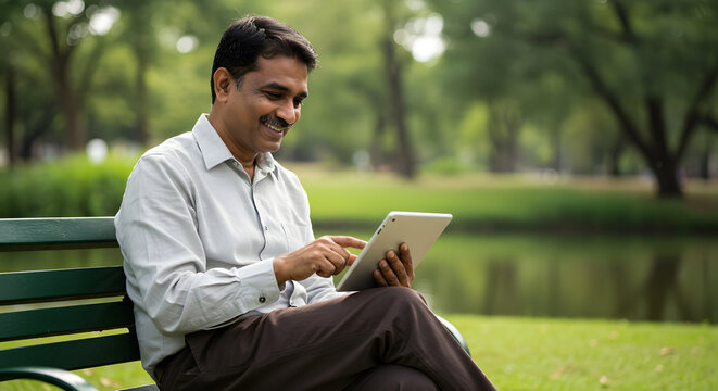 Happy man sitting on park bench using tablet device enjoying outdoor leisure time in a lush green park with trees and water in the background during daytime - Powered by Adobe