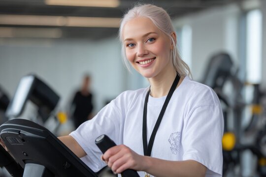 Gym instructor smiling and training on elliptical bike