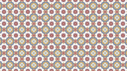 Repeating pattern of floral and wheel designs in red gold and blue on a white background surface