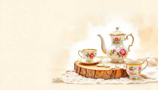 Vintage floral tea set on wooden table with lace tablecloth - Powered by Adobe