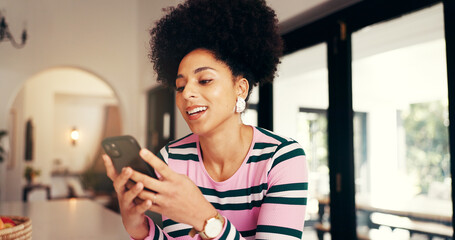 Woman, home and typing with phone for social media, browsing and weekend relax in kitchen. Female...