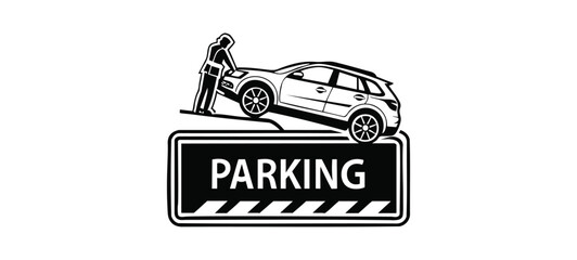 Black and white parking sign icon with car. Vector Illustration.