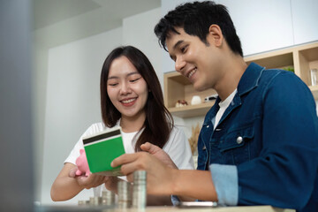 Couple Reviewing Finances Together. Young partners discussing savings and budgeting.