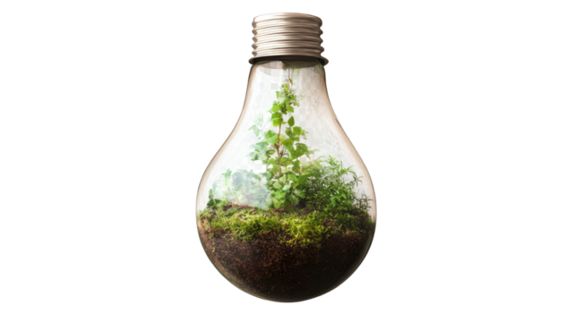 Light bulb shaped terrarium filled with fresh soil and green moss isolated on white background