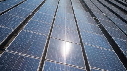A high-angle photograph of a large solar panel array with photovoltaic cells.