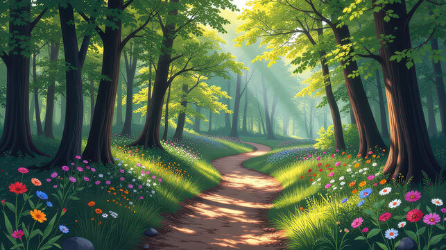 Tranquil forest pathway lush green woods nature scene vibrant flora serene viewpoint journey of peace