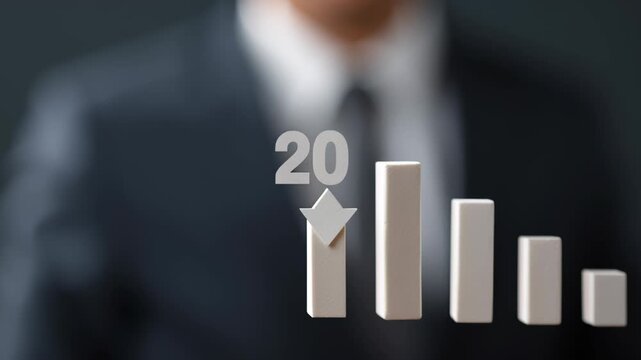 Digital procurement business concept with hand pointing at declining bar chart and downward arrow showing business decline and financial loss trends