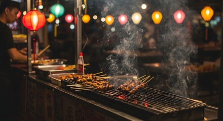 Asian Street Food Delights Grilling Skewers Under Colorful Lanterns at Night Market