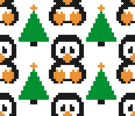 Christmas holiday seamless knit pixel pattern with penguins trees