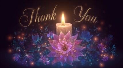 Warm, glowing candle, surrounded by ethereal flowers, illuminated by soft light