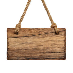Fototapeta premium Wooden sign hanging by rope, blank space for text, simple background. Possible use graphic design