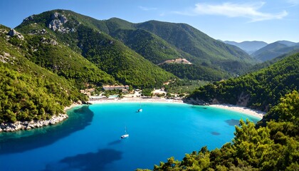 Panoramic view of a picturesque bay nestled amongst lush mountains
