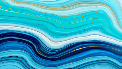Fototapeta premium Abstract Turquoise Blue Marble Swirls with Golden Highlights for Modern Artwork, Ocean-Inspired Flowing Ink Pattern with Metallic Details for Elegant Designs