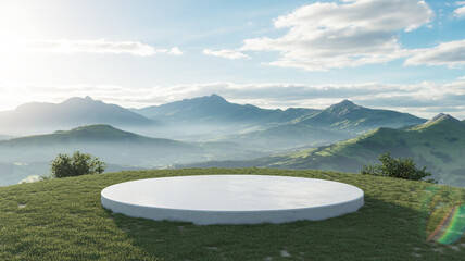A photorealistic image of a circular white concrete platform set on a lush green grassy hilltop.