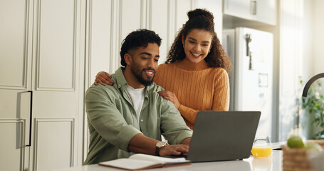 Laptop, smile and research with couple in kitchen for bills, home loan and financial planning....
