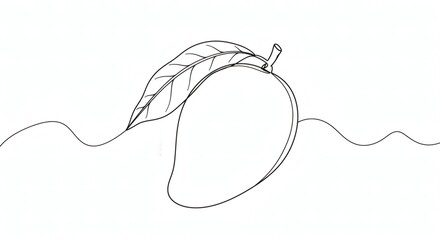 Minimalist Line Drawing of Ripe Mango with Leaf – Elegant Black Outline on White Background, Modern Botanical Illustration for Packaging, Kitchen Decor, or Educational Material