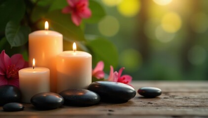 Serene candles, smooth spa stones, warm wood Perfect for relaxation , tranquility, calm