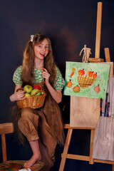 Child girl or artist with easel and palette painting at studio, plein air. Talented little artist...