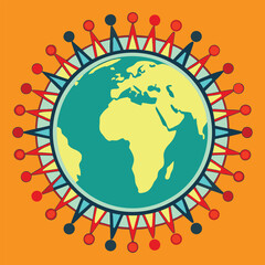 Colorful Earth Illustration with Africa and Europe Depicted, Surrounded by Decorative Elements