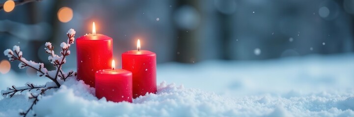 Three red taper candles stand in fresh snow, untouched , closeup, holiday, red